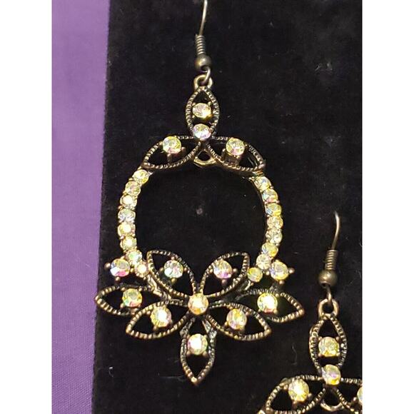 Ornate Bronze Tone Metal And Aurora Borealis Rhinestone Crystal Dangle Earrings - Picture 3 of 9